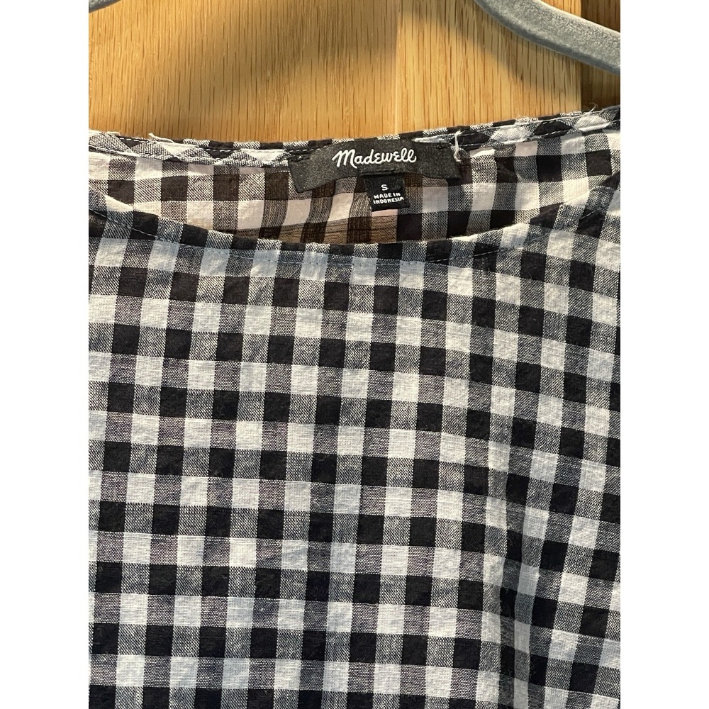 Madewell Gingham Check Tie Sleeve Blouse Black White 3/4 Bell Sleeve Top Small - Picture 3 of 6